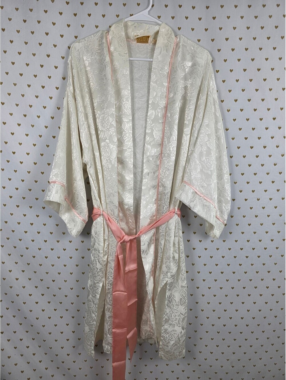 Vintage Victoria's Secret Gold Label Robe Ivory Floral Jacquard Pink Sash OS